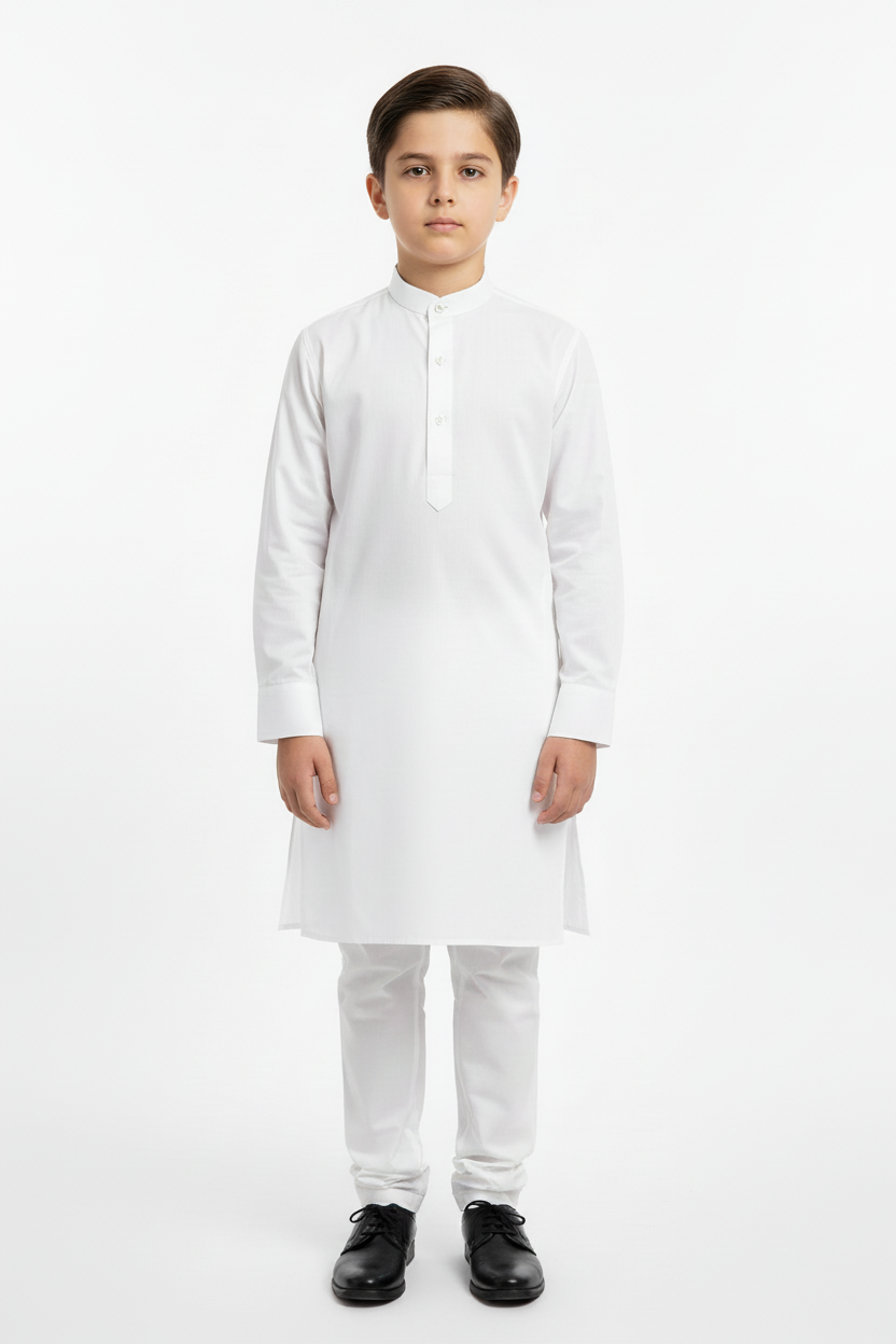 Front view boys white kameez with cuffed sleeves - softer tone