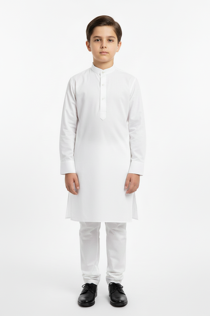 Front view boys white kameez with cuffed sleeves - softer tone