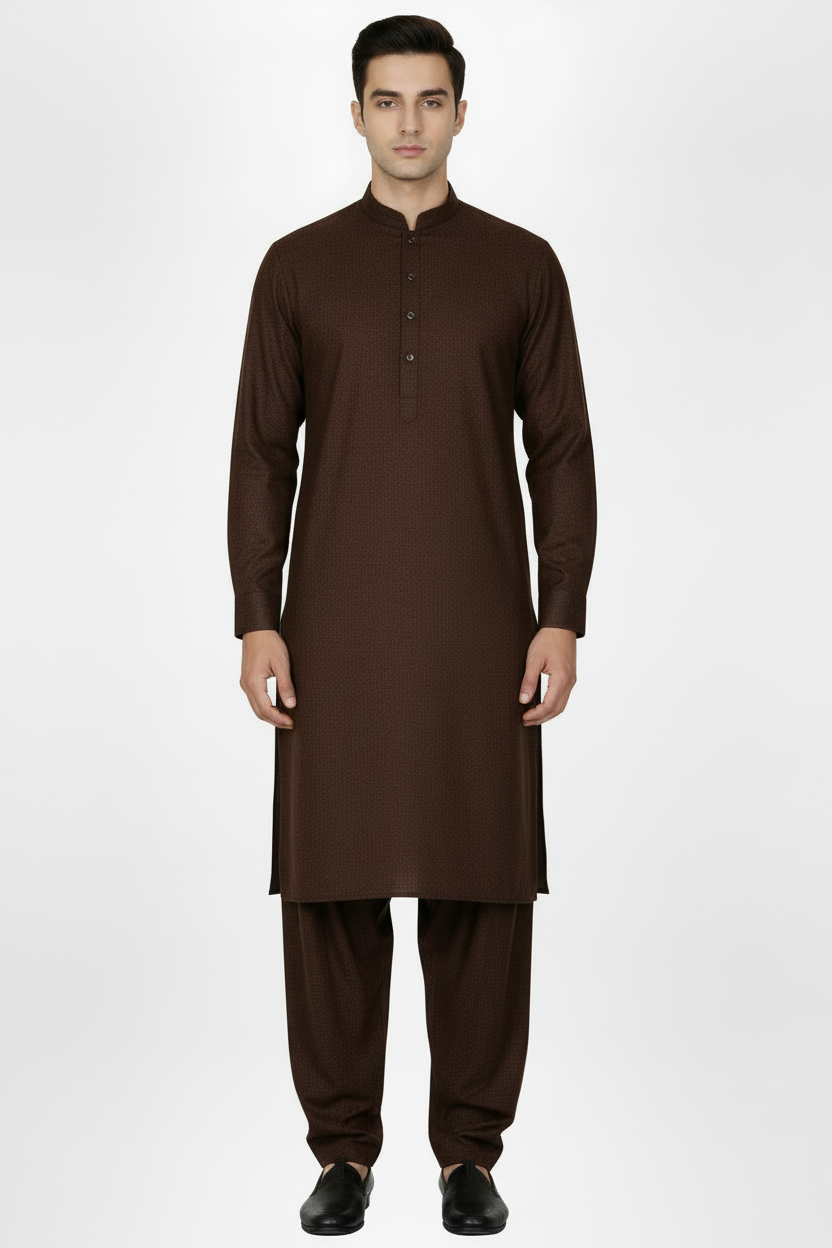 Front view dark brown woollen shalwar kameez - correct shalwar style