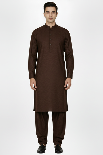 Front view dark brown woollen shalwar kameez - correct shalwar style