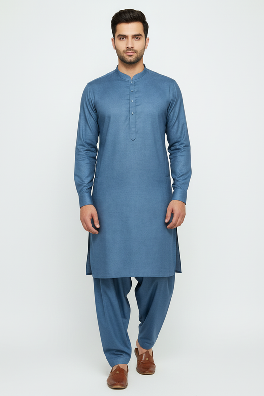 Front view of blue merino wool shalwar kameez on model