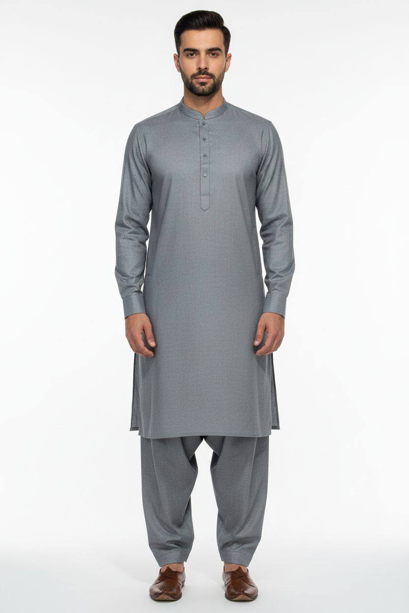 Front view of light grey merino wool shalwar kameez on model