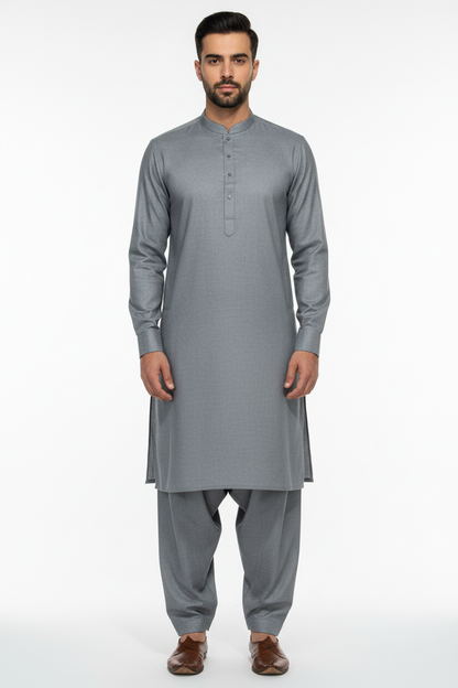 Front view of light grey merino wool shalwar kameez on model