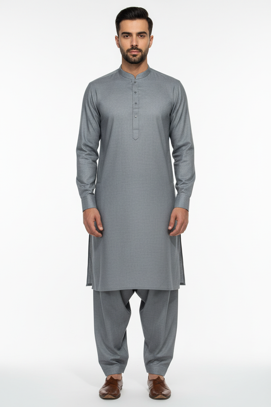 Front view of light grey merino wool shalwar kameez on model