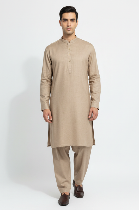 Front view of sand beige merino wool shalwar kameez on model