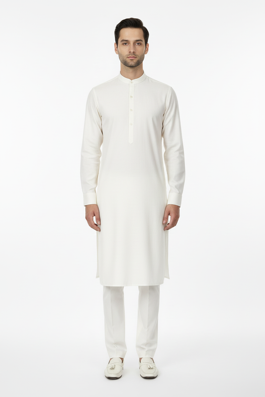 Front view off white kameez with trousers - matching shoes