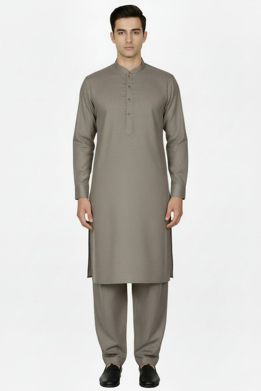 Front view taupe woollen shalwar kameez - refined fabric weave