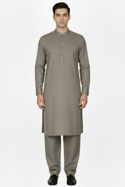 Front view taupe woollen shalwar kameez - refined fabric weave