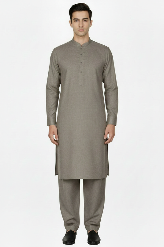 Front view taupe woollen shalwar kameez - refined fabric weave