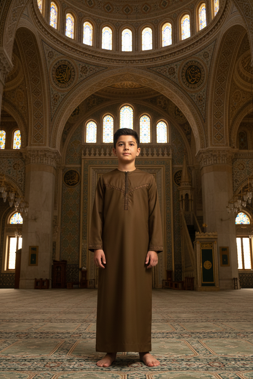 Full-length boy wearing thobe in mosque
