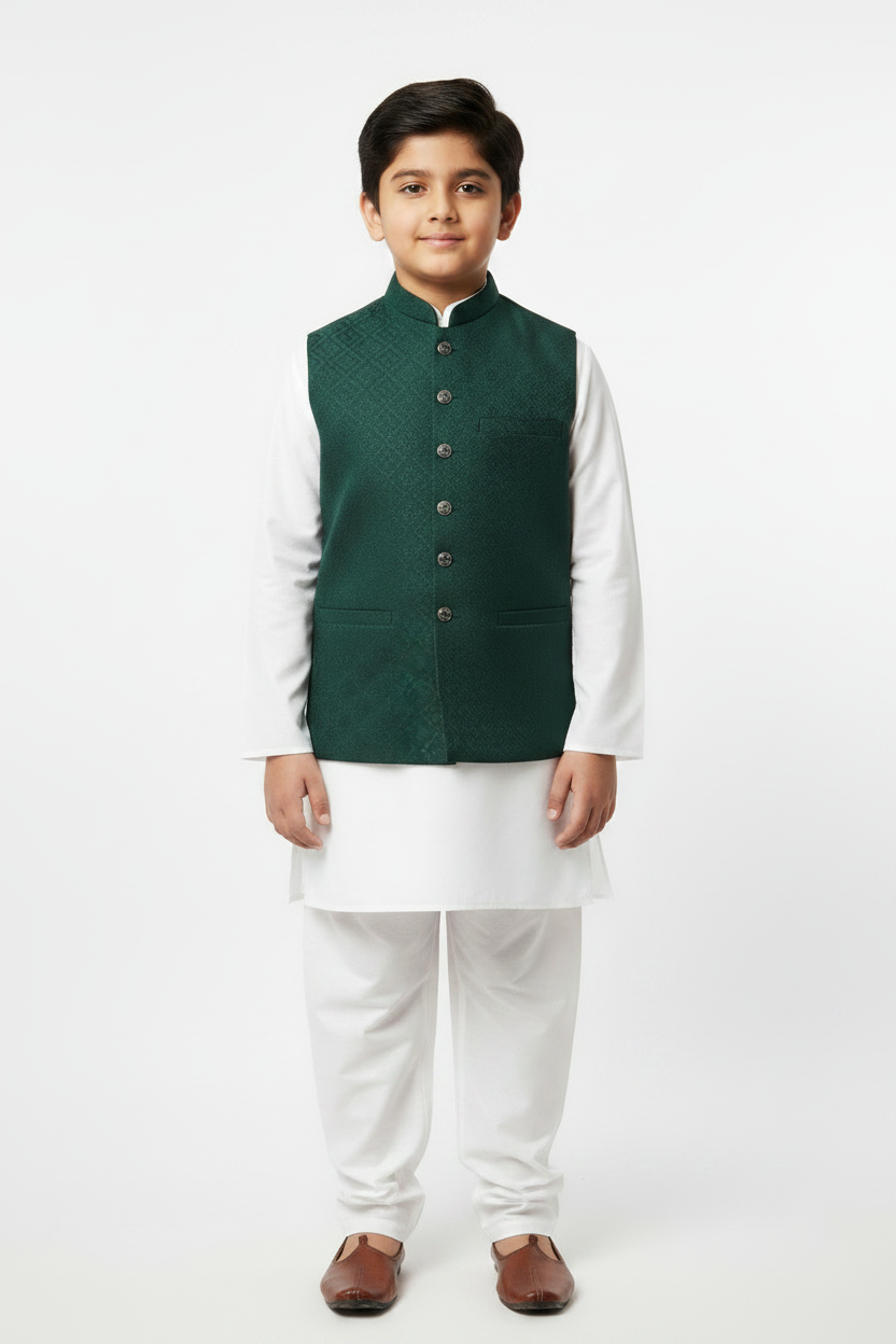 Full length — Boy's Bottle Green Diamond Waistcoat