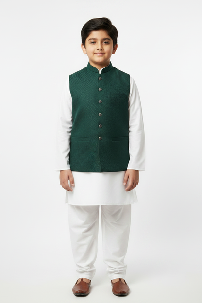 Full length — Boy's Bottle Green Diamond Waistcoat