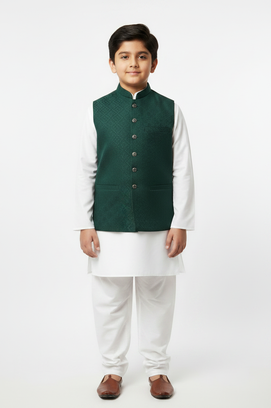 Full length — Boy's Bottle Green Diamond Waistcoat