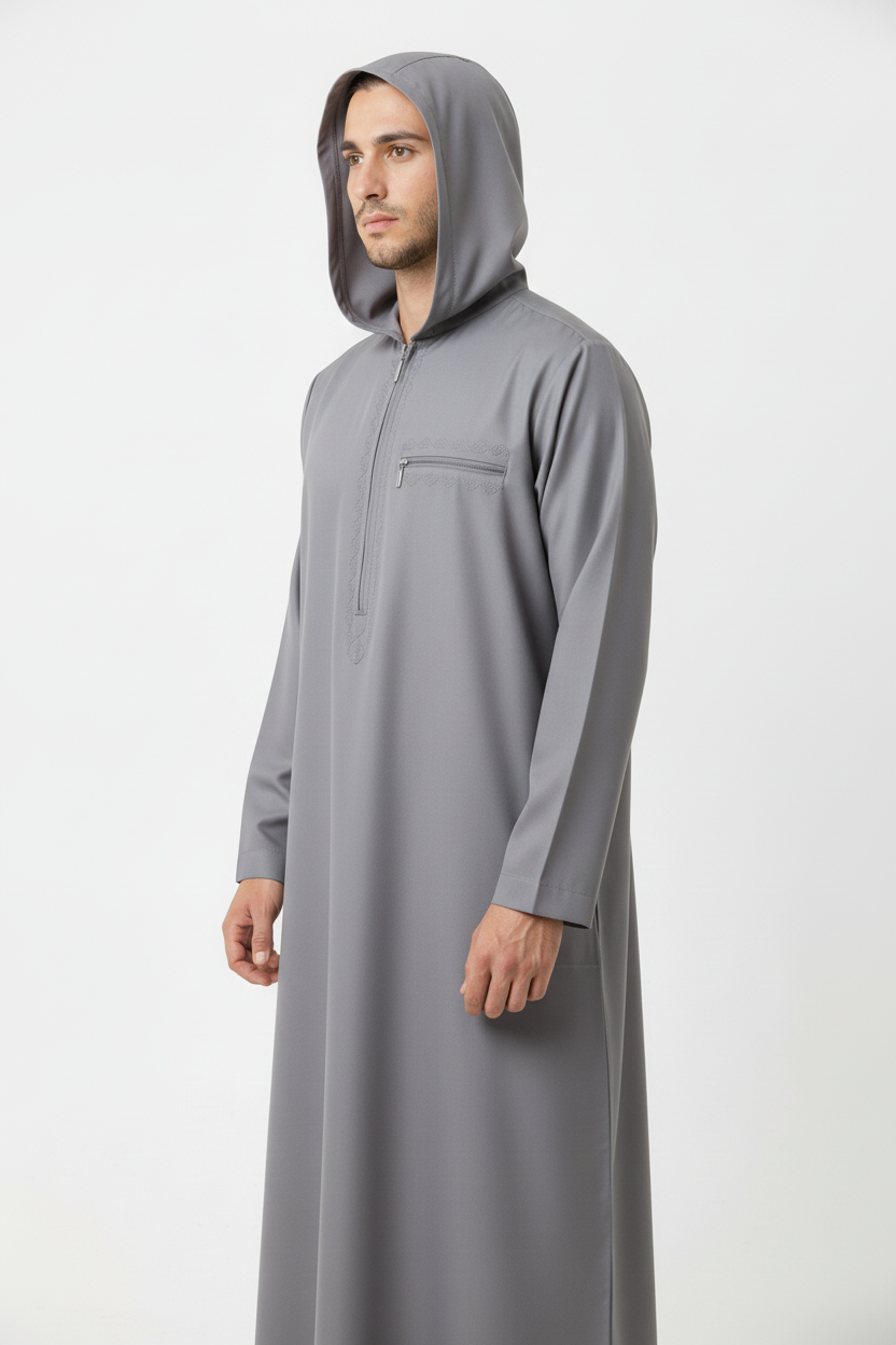 Grey Hoodie Thobe - Three-Quarter Side View with Hood Up