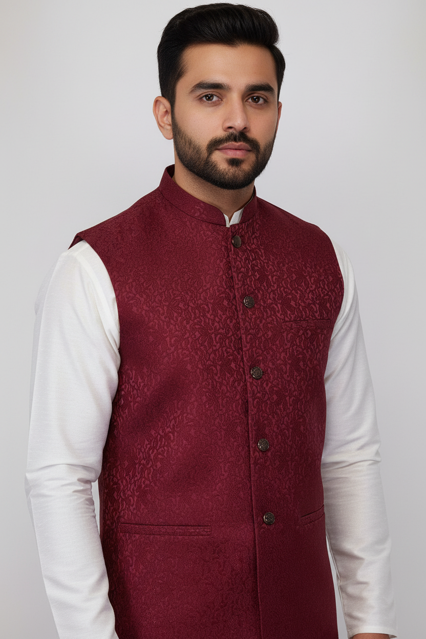 Man in Maroon Flower Vine Waistcoat – Close Up