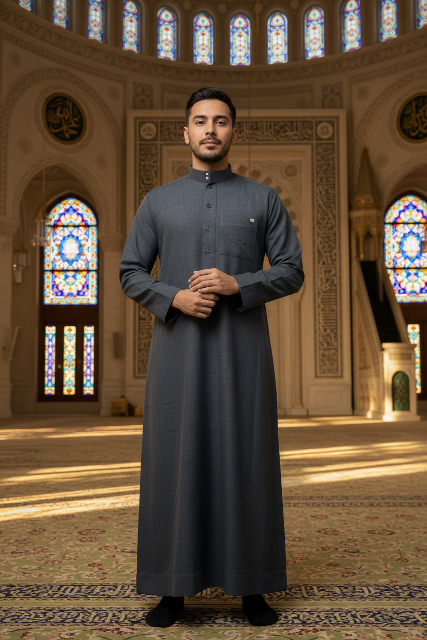 Man wearing charcoal thobe in mosque