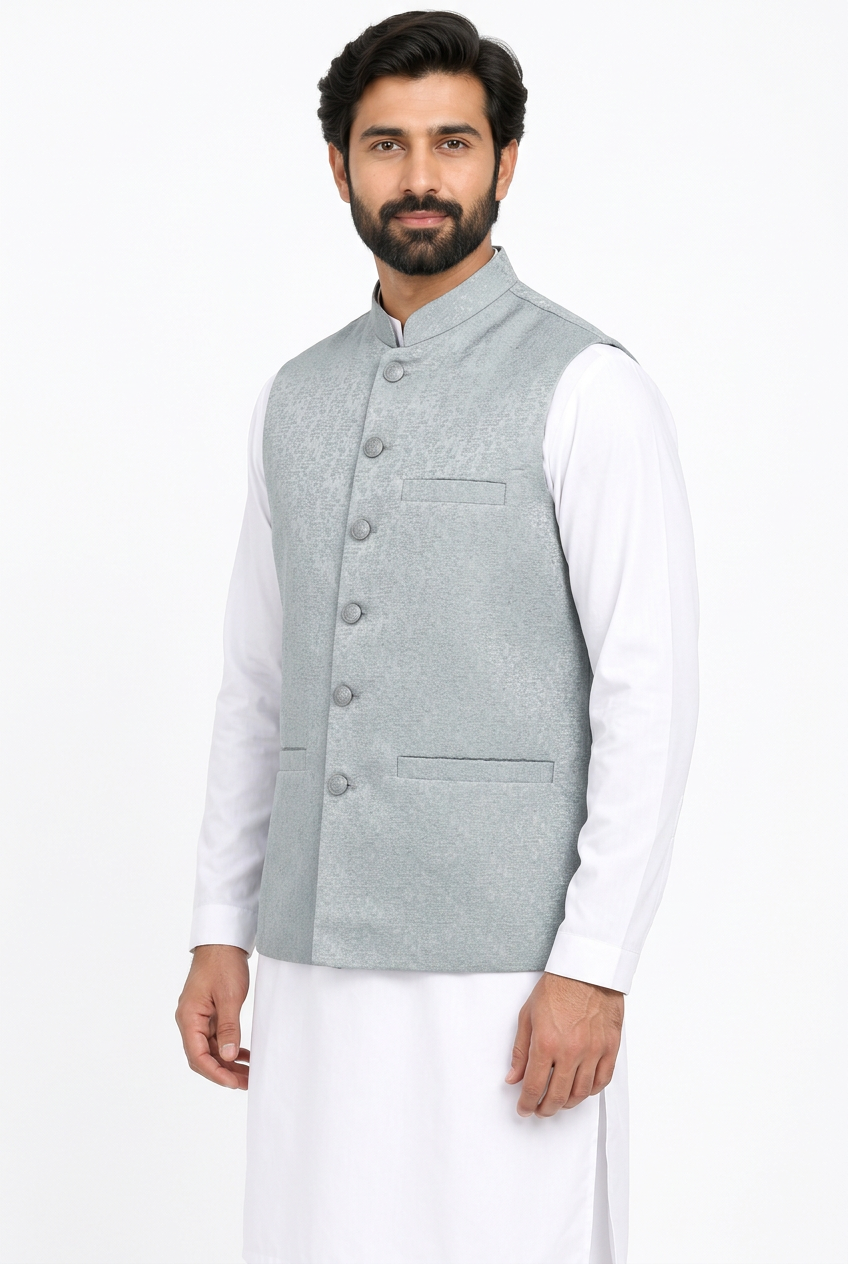Men’s silver stone-print waistcoat angled view