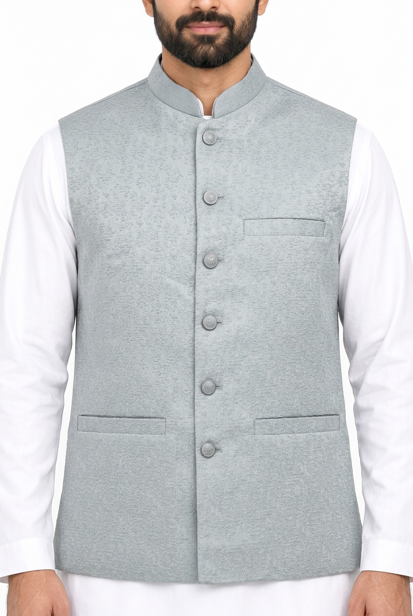 Men’s silver stone-print waistcoat close-up