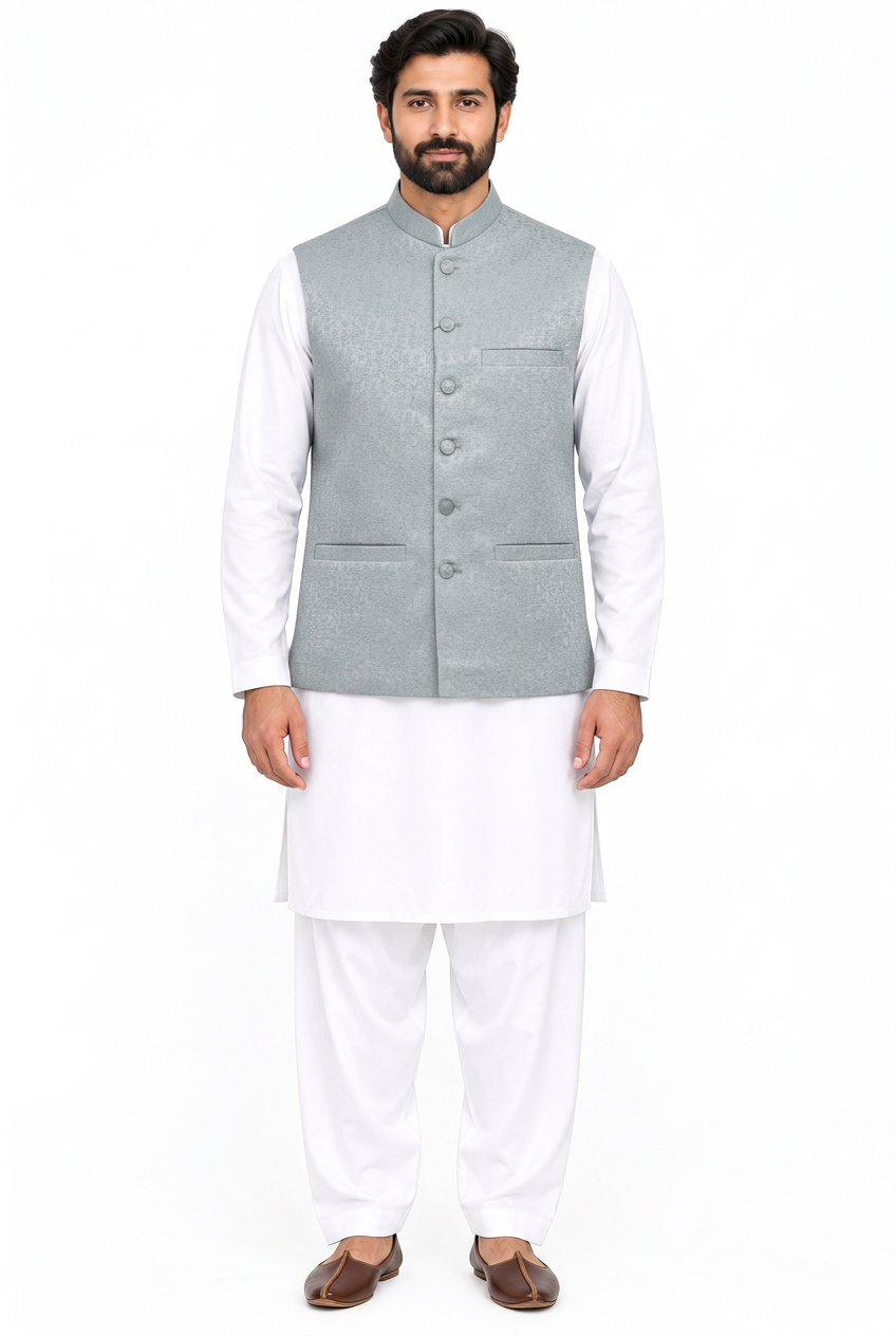 Men’s silver stone-print waistcoat front view