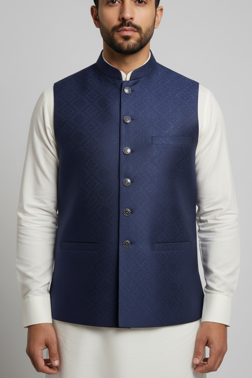 Navy waistcoat close-up on model