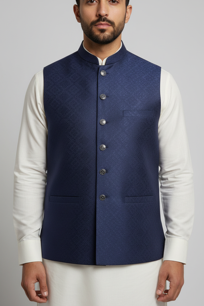 Navy waistcoat close-up on model