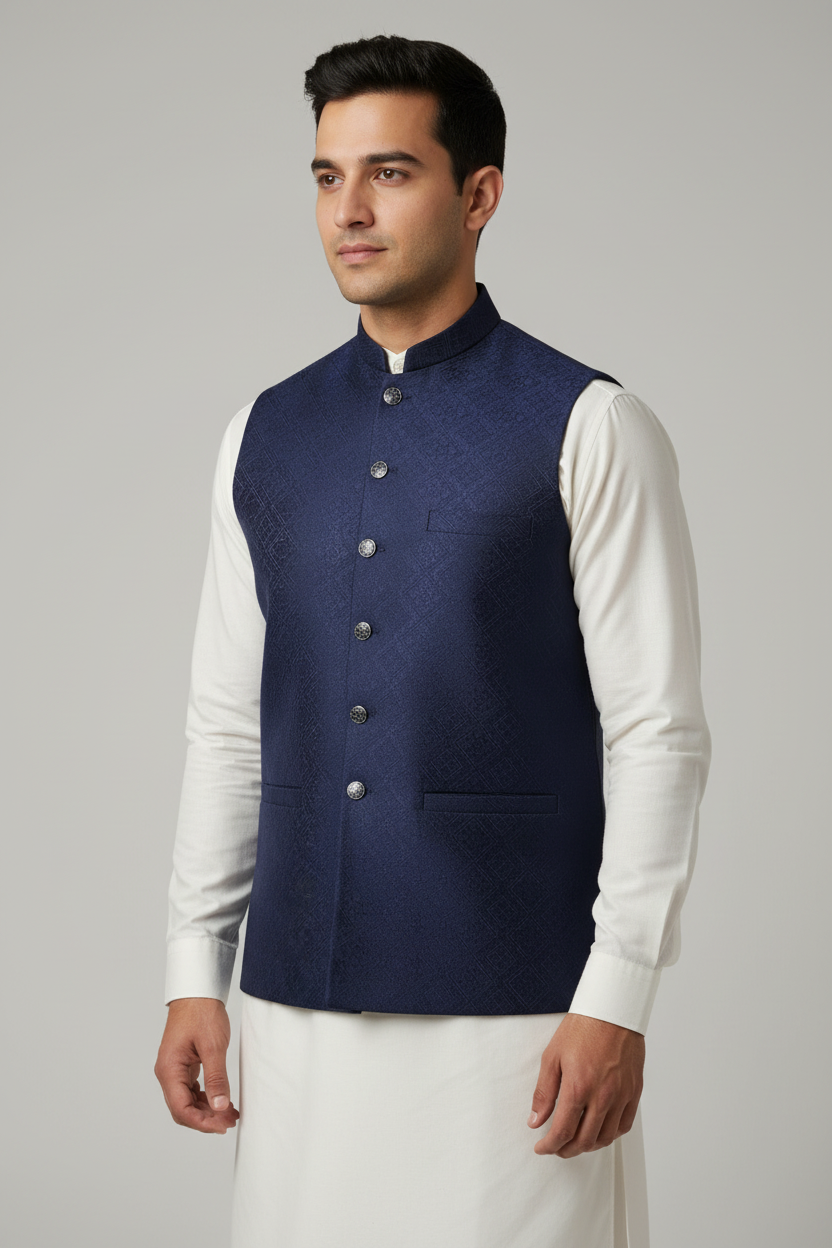 Navy waistcoat front-side angle