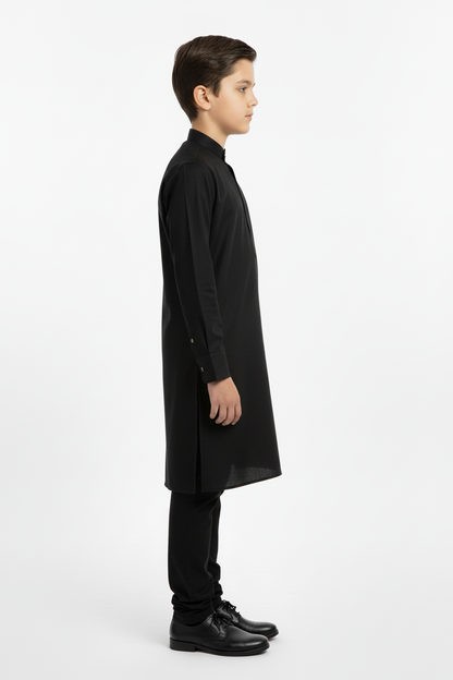 Side view boys black kameez with trousers