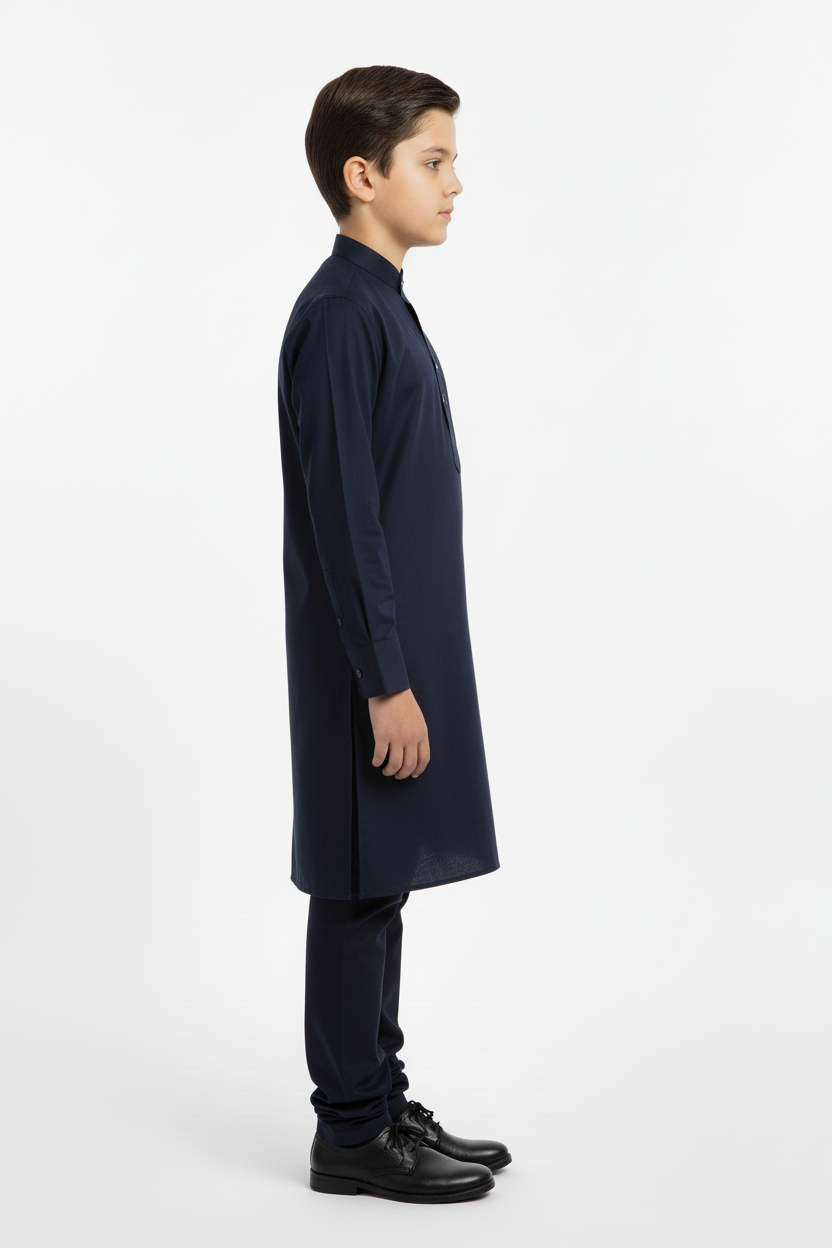Side view boys navy kameez with trousers