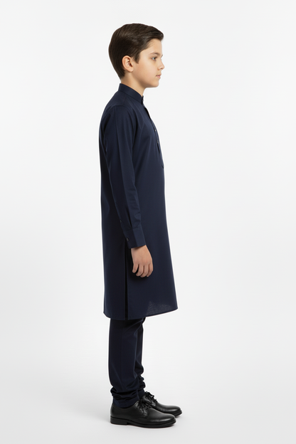 Side view boys navy kameez with trousers