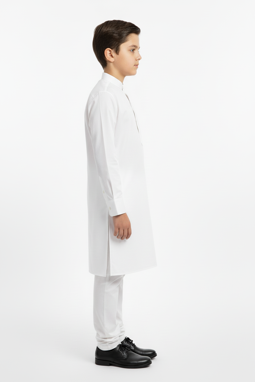 Side view boys white kameez - with visible cuffed sleeves