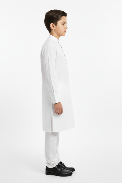 Side view boys white kameez - with visible cuffed sleeves