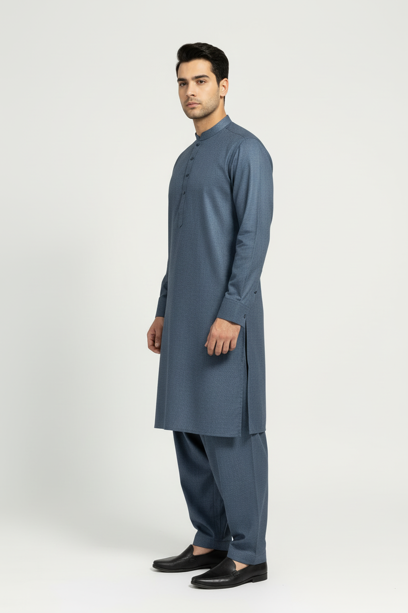 Side view of blue grey merino wool shalwar kameez on model