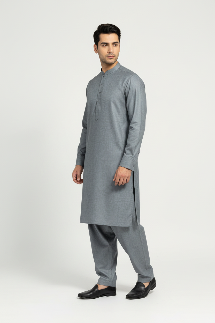 Side view of light grey merino wool shalwar kameez on model