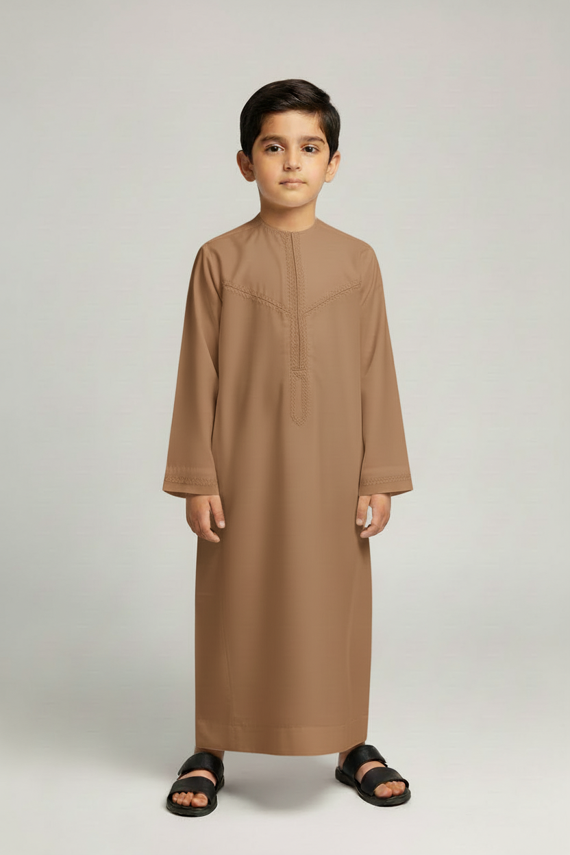 Warmer Brown-Beige Thobe on Small Boy Model