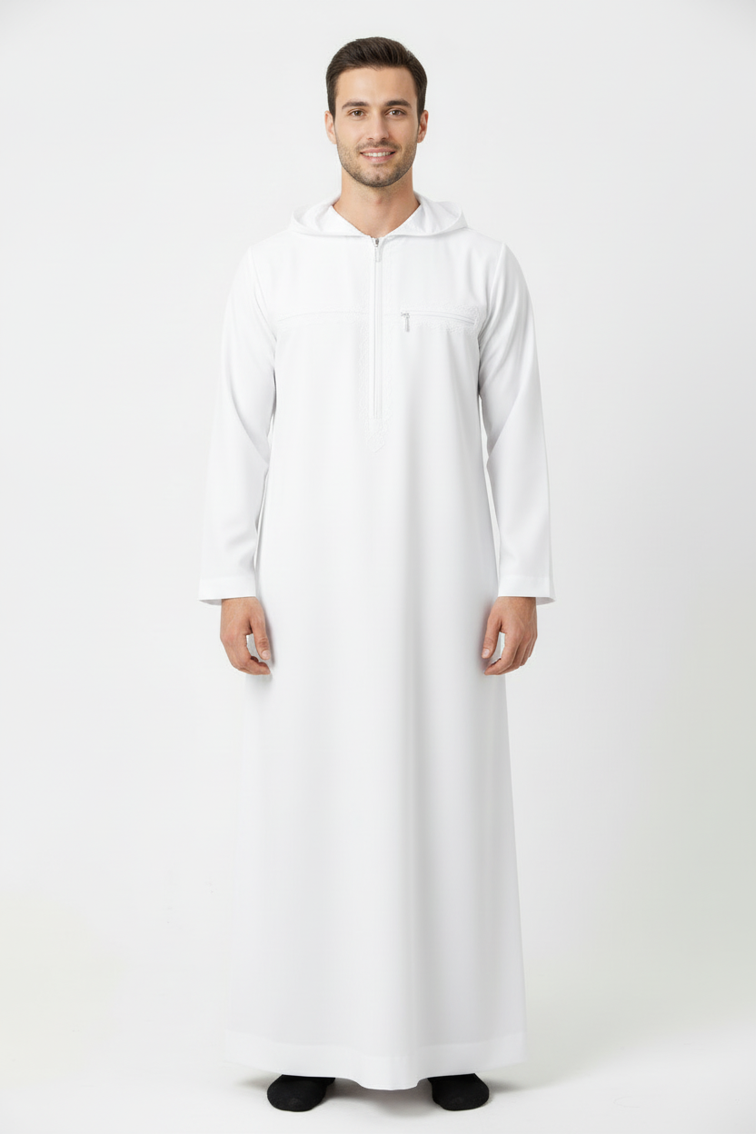 White Hoodie Thobe - Front View