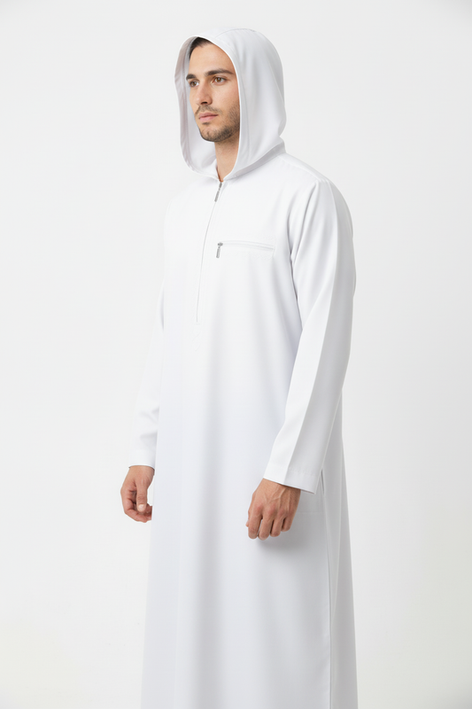 White Hoodie Thobe - Three-Quarter Side View with Hood Up