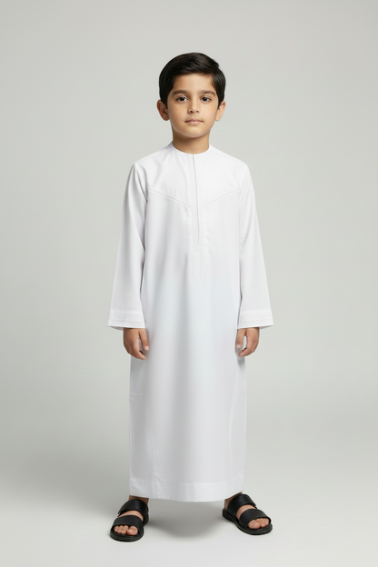 White Thobe on Small Boy Model No Collar