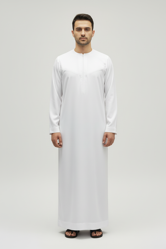 White Zayd Thobe Front View - Correct Embroidery
